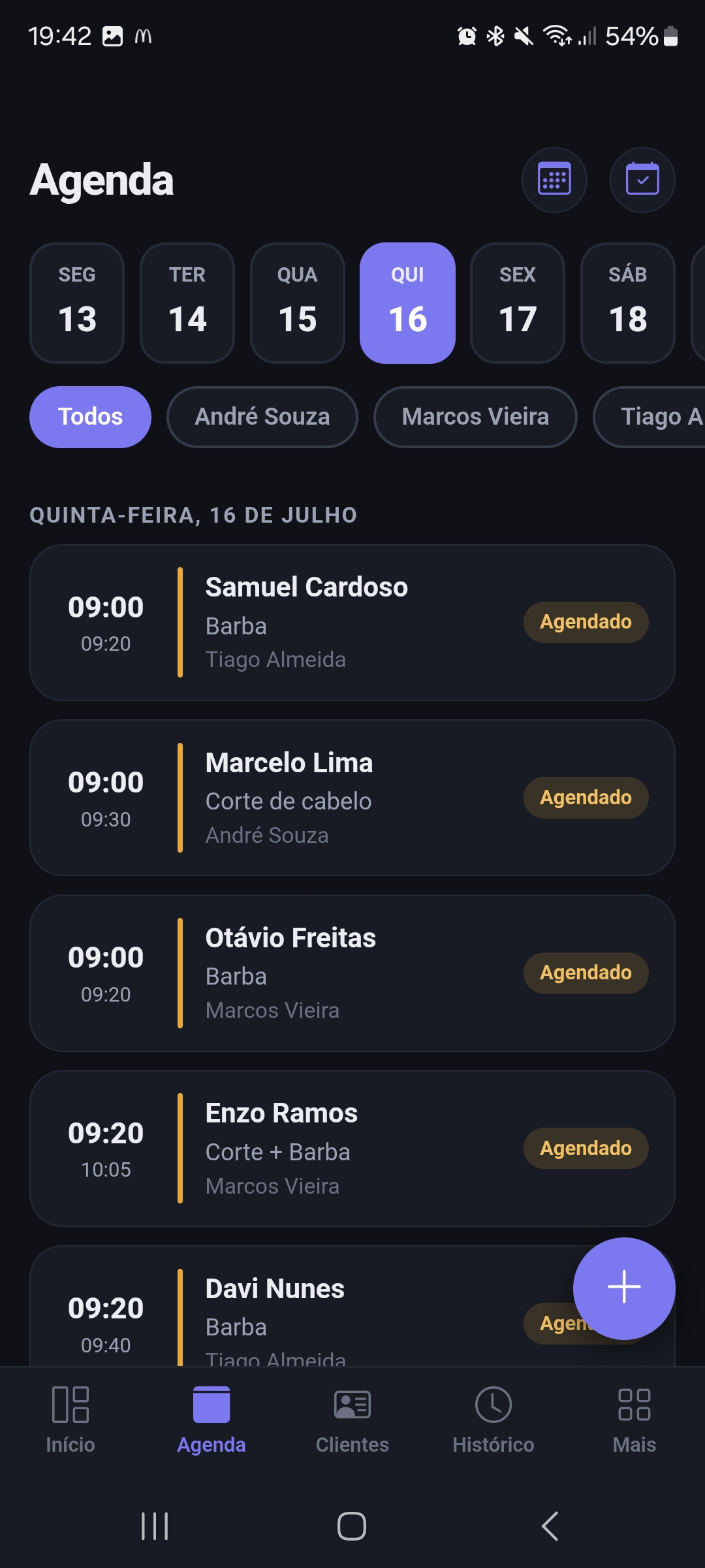 Tela de agenda do Markae com os agendamentos do dia