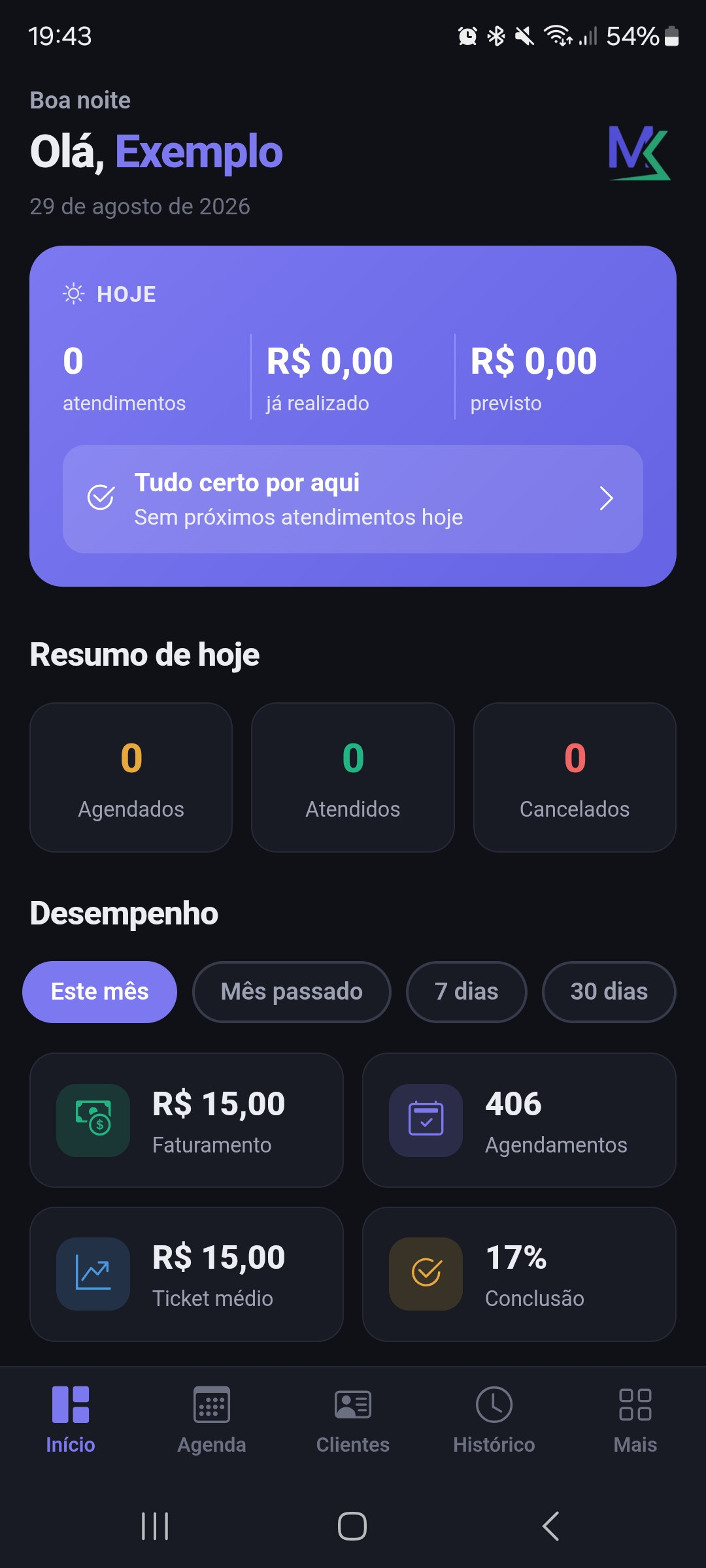 Painel do Markae com faturamento e número de agendamentos