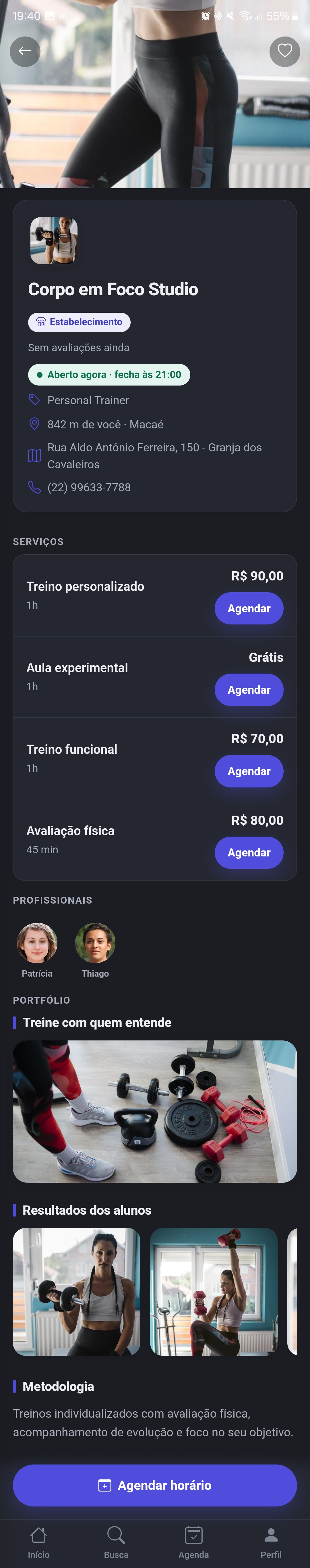 Perfil público de um estabelecimento no aplicativo do cliente